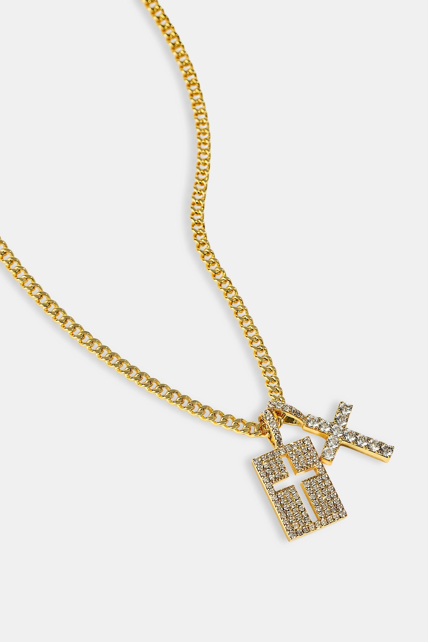 Iced Double Cross & Outline Necklace - 15mm - Gold