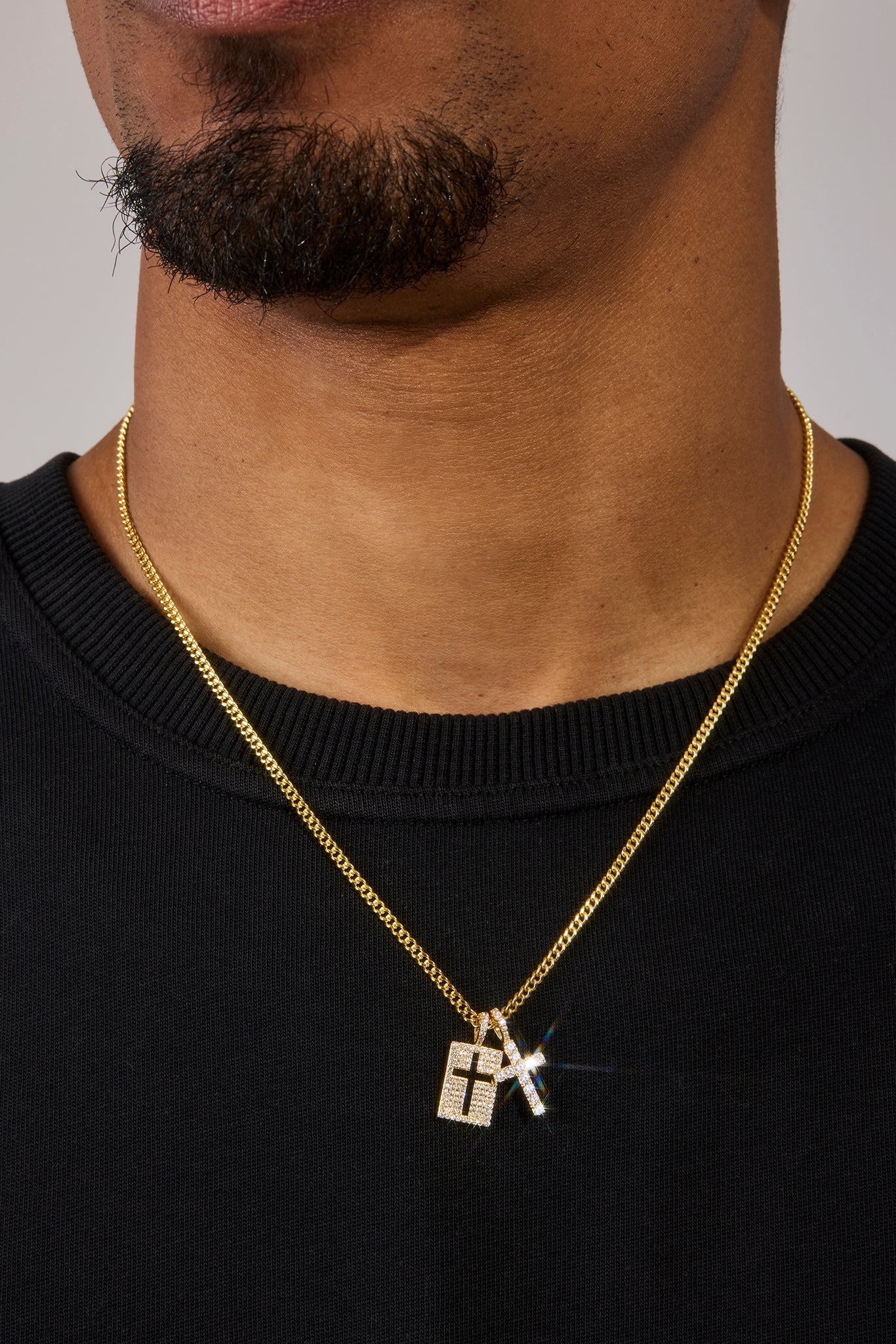 Iced Double Cross & Outline Necklace - 15mm - Gold