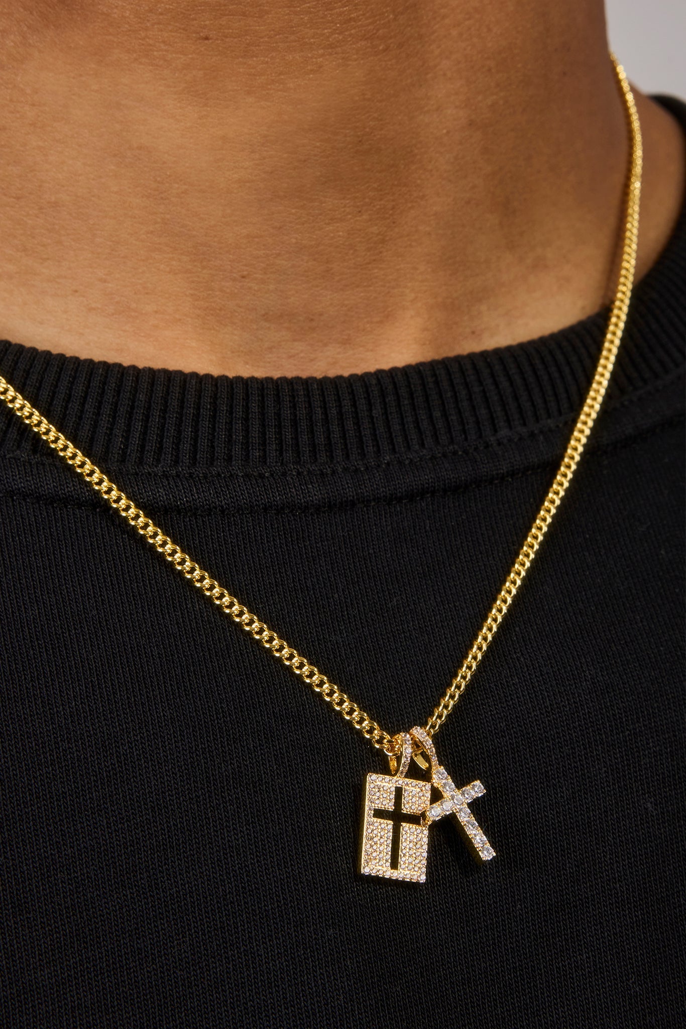 Iced Double Cross & Outline Necklace - 15mm - Gold
