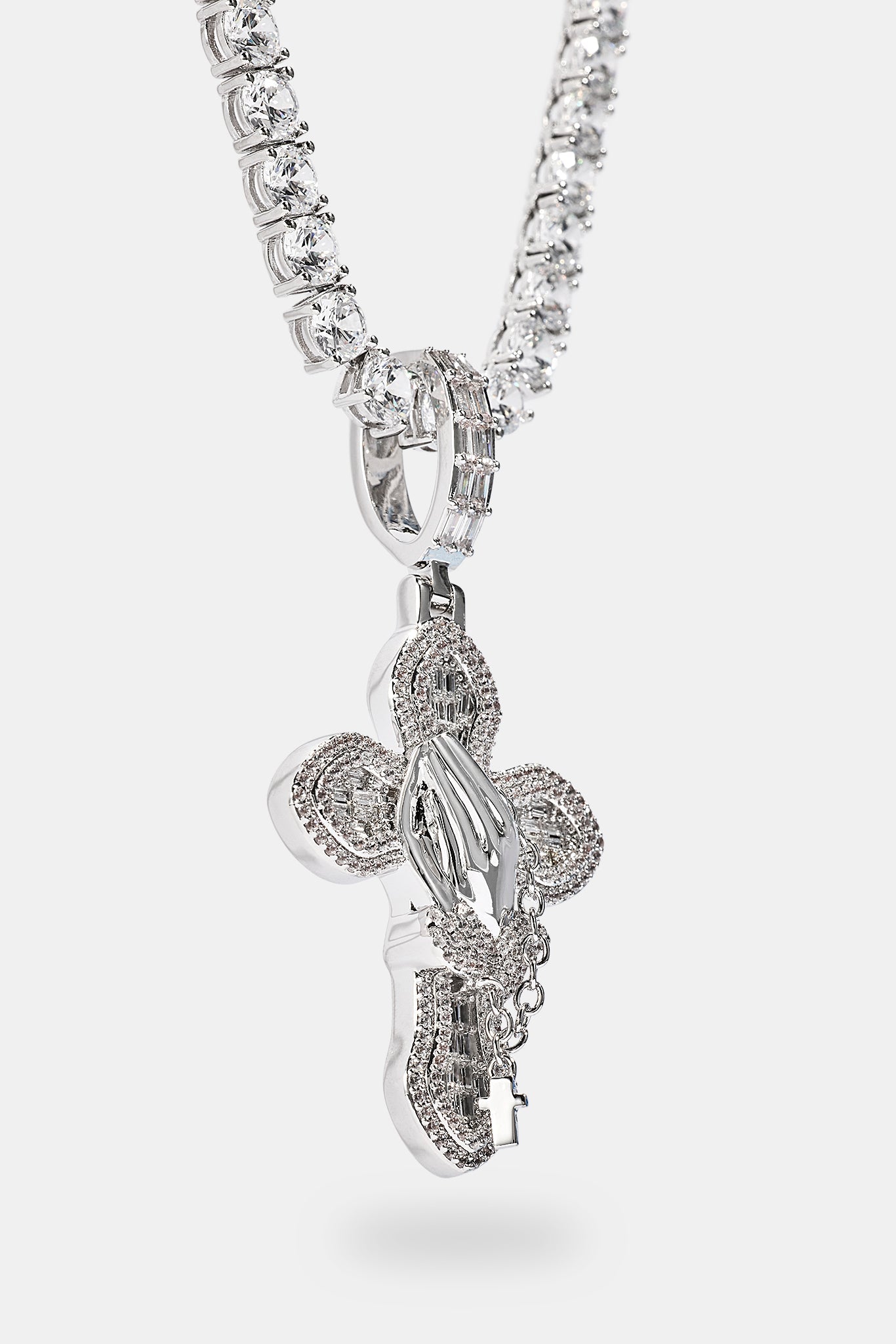 Iced Prayer Hand Cross Pendant Tennis Necklace - 40mm - White
