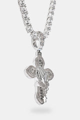 Iced Prayer Hand Cross Pendant Tennis Necklace - 40mm - White