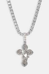 Iced Prayer Hand Cross Pendant Tennis Necklace - 40mm - White
