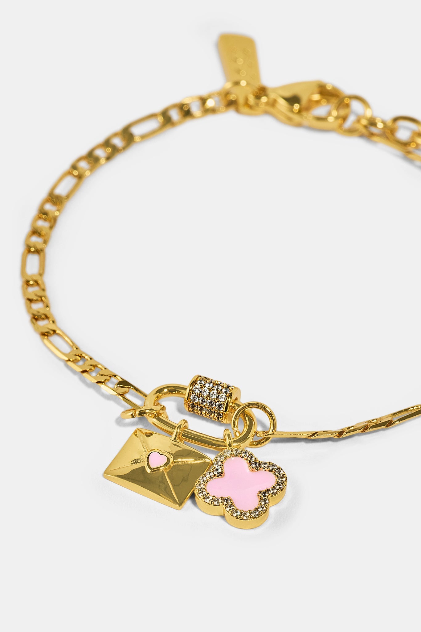Iced Bar Pendant & Pink Enamel Motif Necklace & Bracelet - 10mm -  Gold
