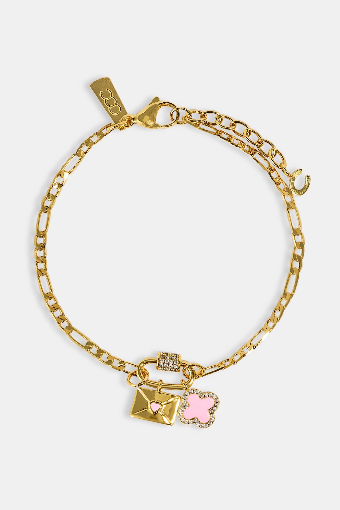 Iced Bar Pendant & Pink Enamel Motif Bracelet - 10mm - Gold