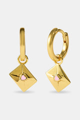 Pink Enamel Envelope Drop Hoop Earrings - 8mm - Gold