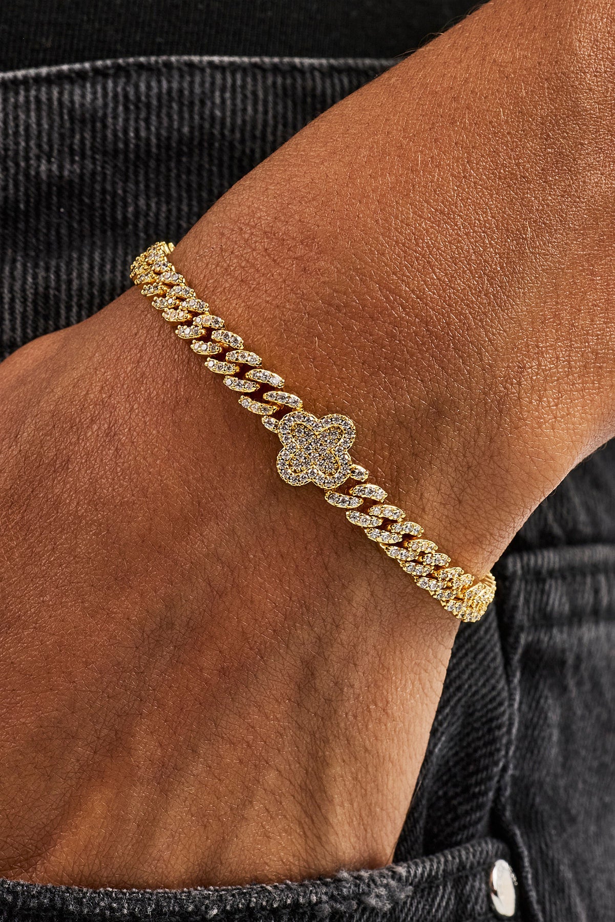 Iced Motif Cuban Link Bracelet - 5mm - Gold