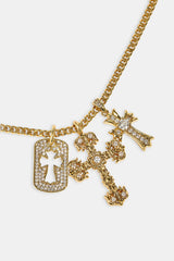 Iced Triple Cross & Tag  Necklace - 20mm - Gold