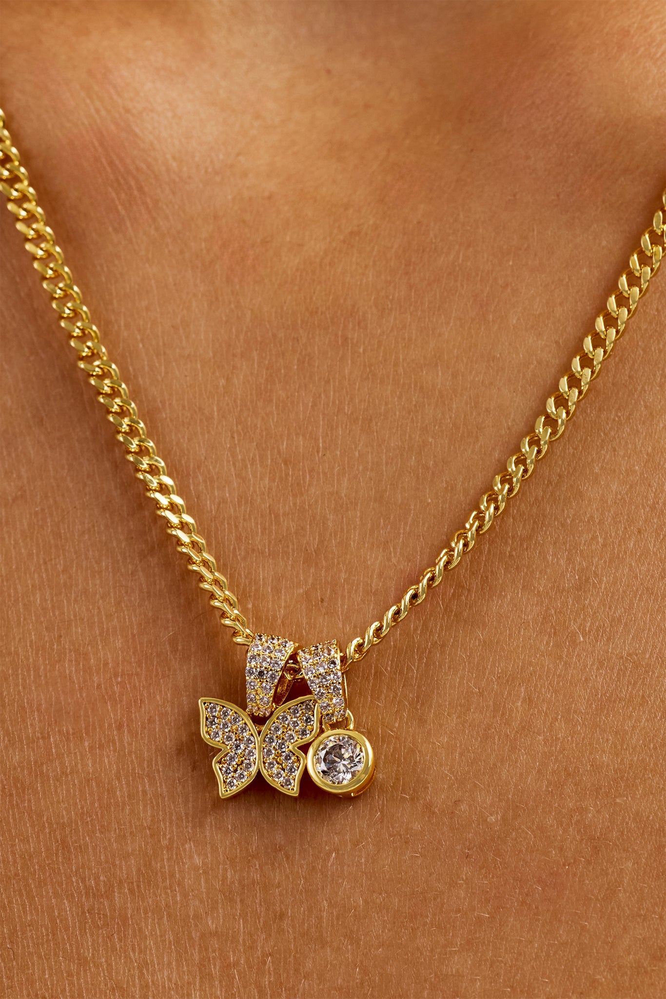 Iced Butterfly Pendant Necklace - 15mm - Gold