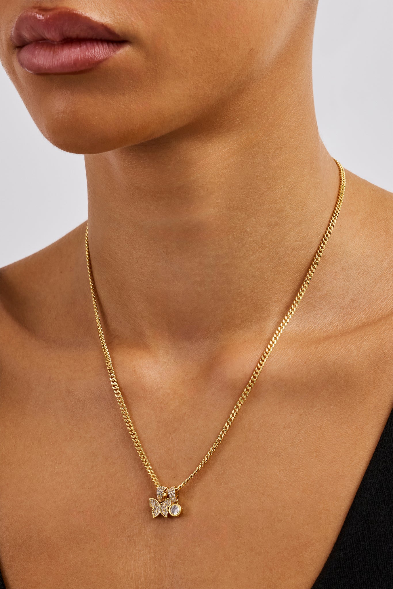 Iced Butterfly Pendant Necklace - 15mm - Gold