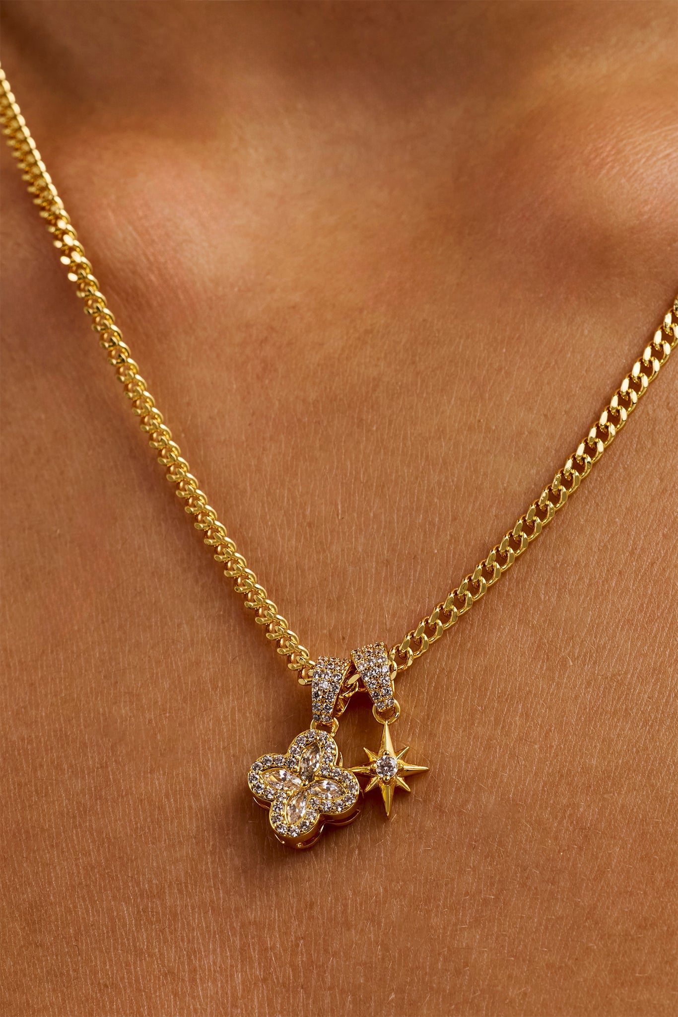 Starburst & Motif Pendant Necklace - 10mm - Gold