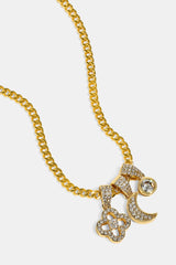 Triple Motif & Moon Pendant Necklace - 10mm - Gold