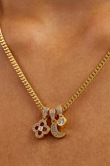 Triple Motif & Moon Pendant Necklace - 10mm - Gold