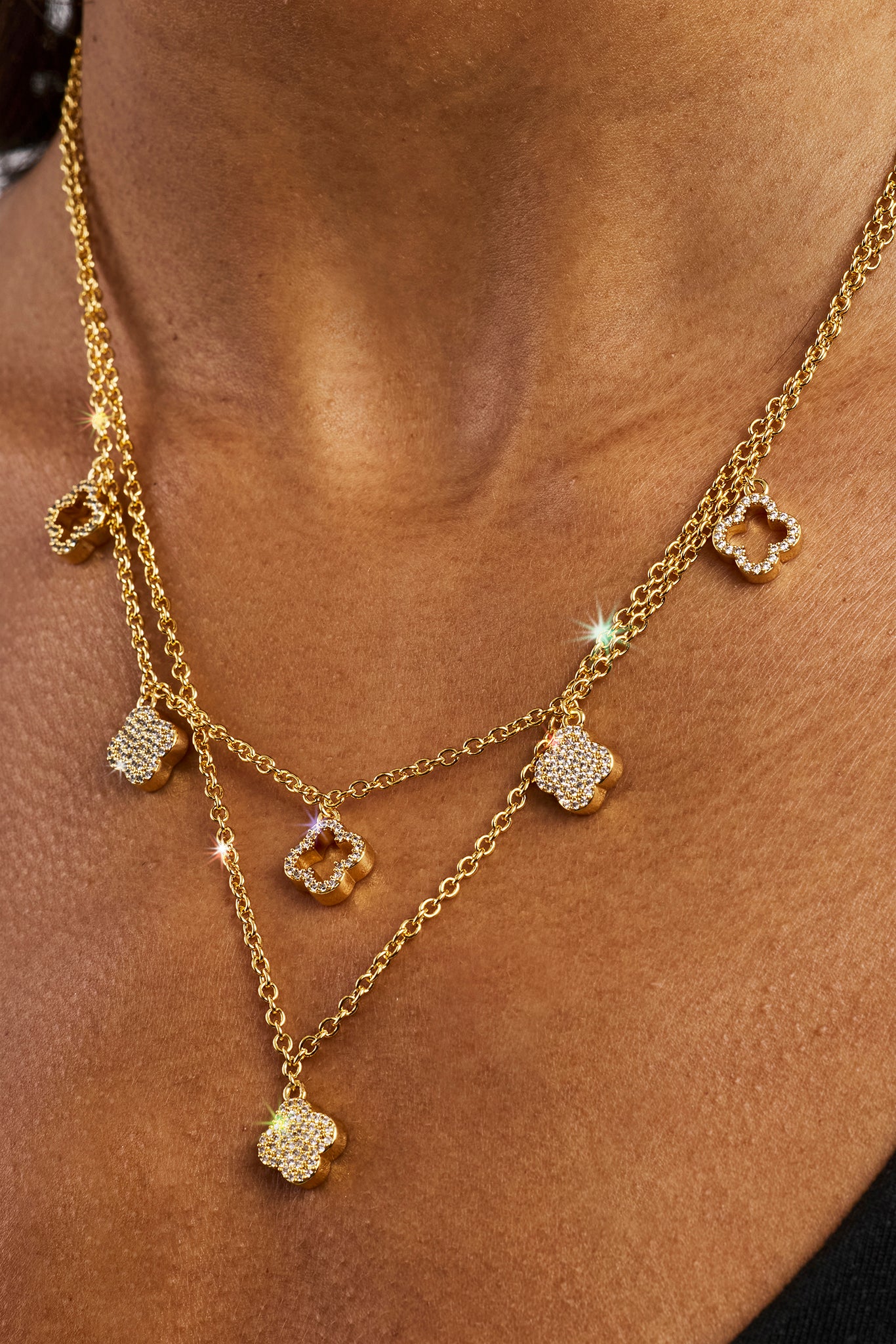 Iced Multi Motif Layered Necklace - 10mm - Gold