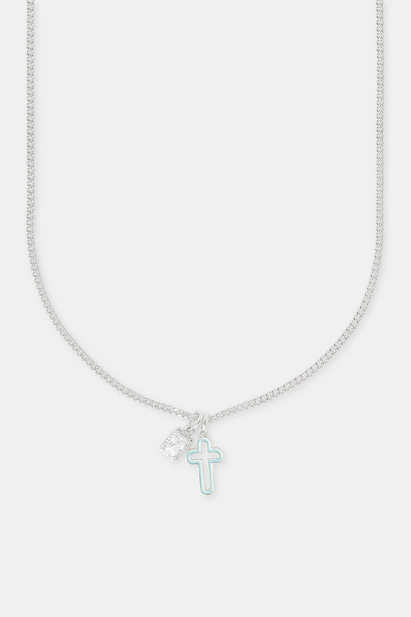 Light Blue Enamel Cross & Gemstone Layered Necklace - 20mm