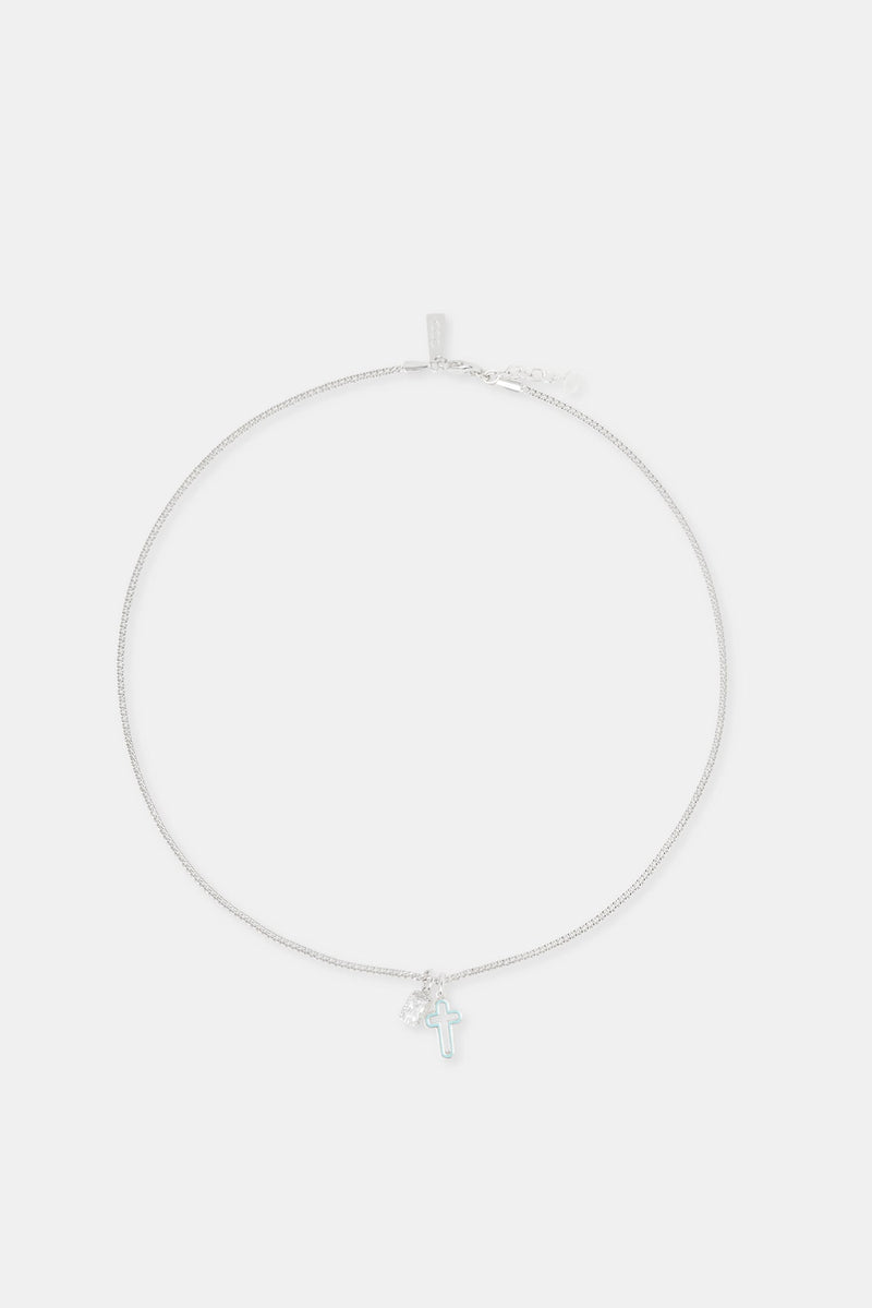 Light Blue Enamel Cross & Gemstone Layered Necklace - 20mm