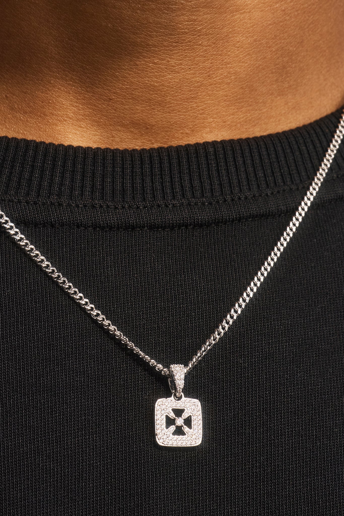 Iced Cross Outline CZ Necklace - 12mm - White