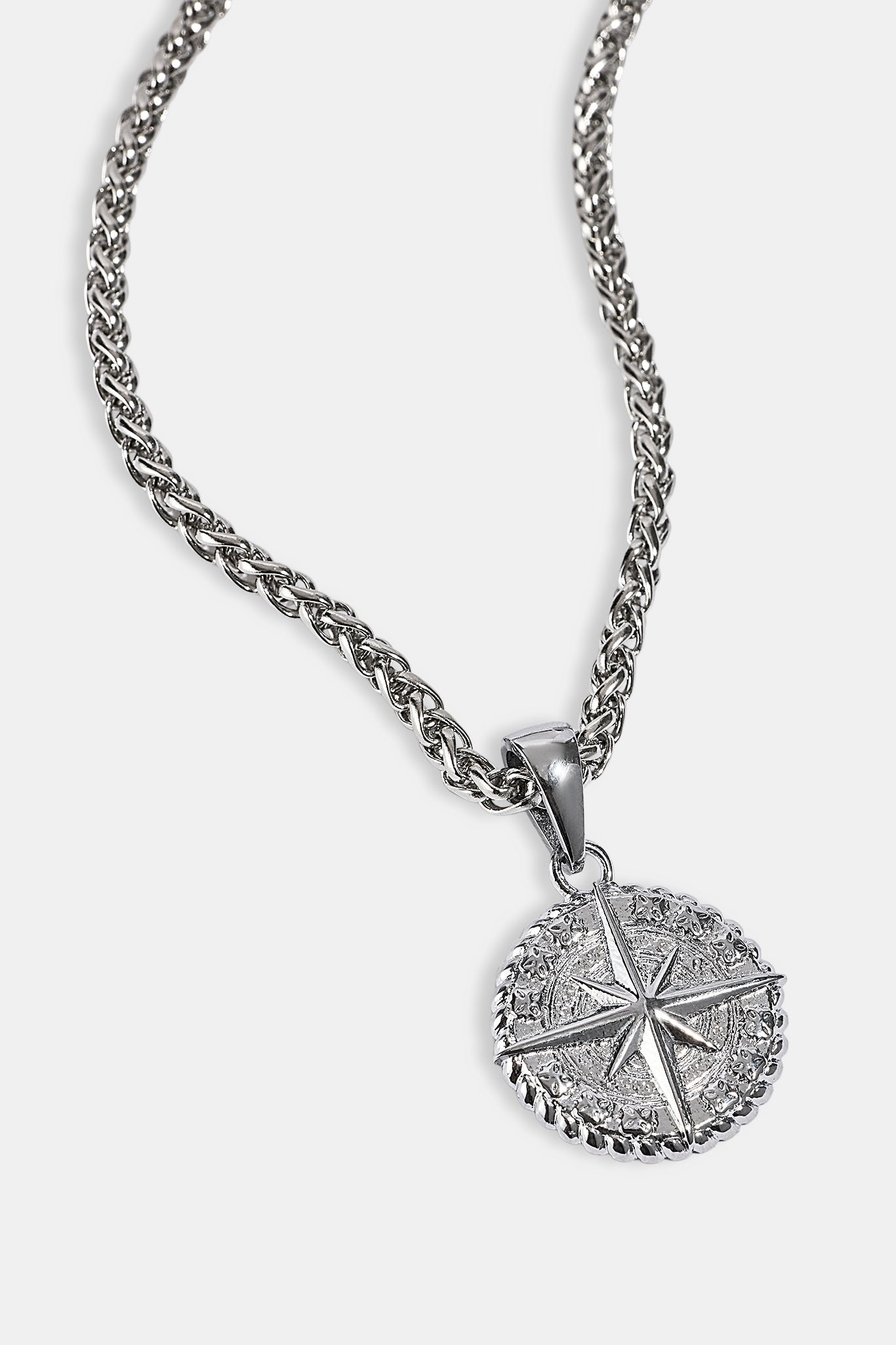 Compass Pendant & 3mm Polished Wheat Link Necklace - White