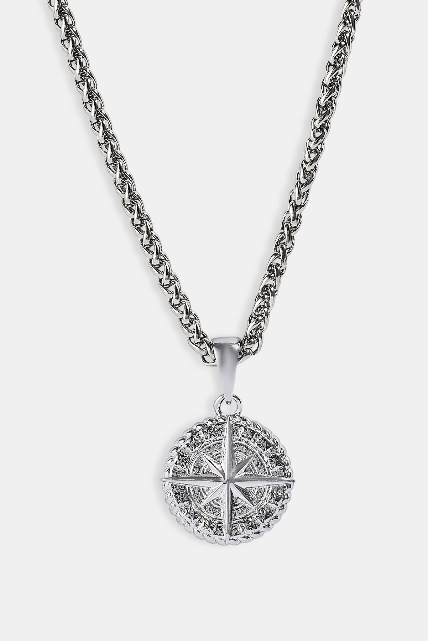 Compass Pendant & 3mm Polished Wheat Link Necklace - White
