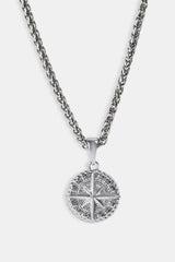 Compass Pendant & 3mm Polished Wheat Link Necklace - White