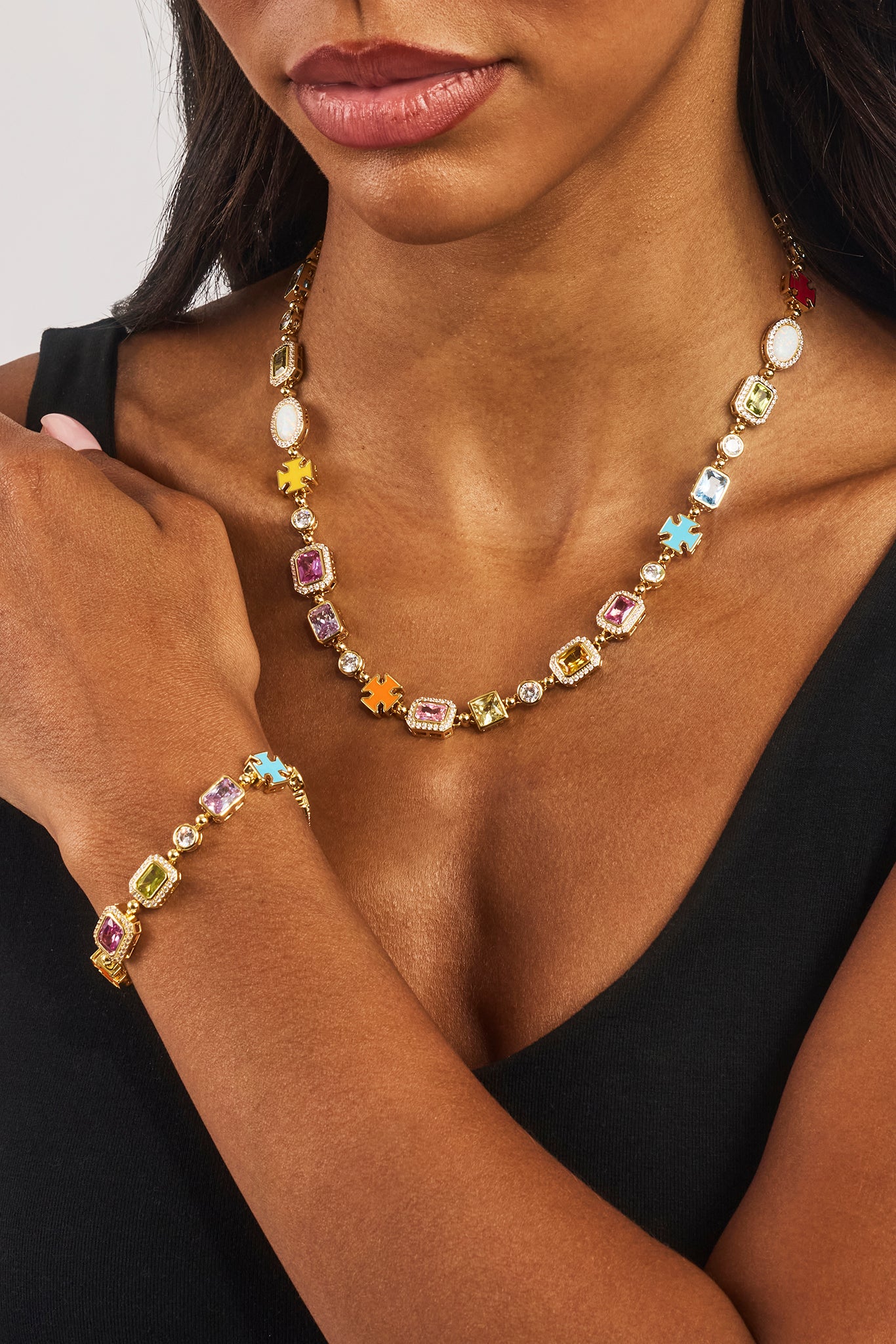Pink Multi Gemstone Motif Necklace & Bracelet - Gold - 10mm