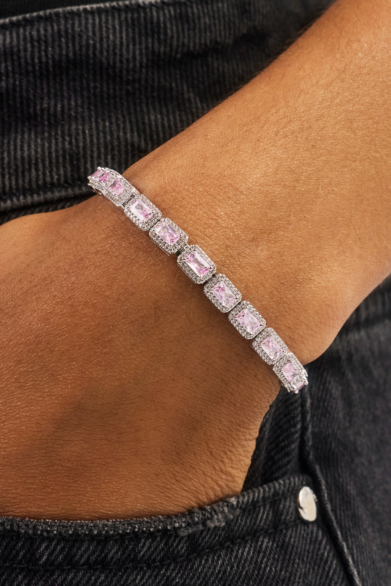 Pink Iced Edge Baguette Bracelet - 5mm - White