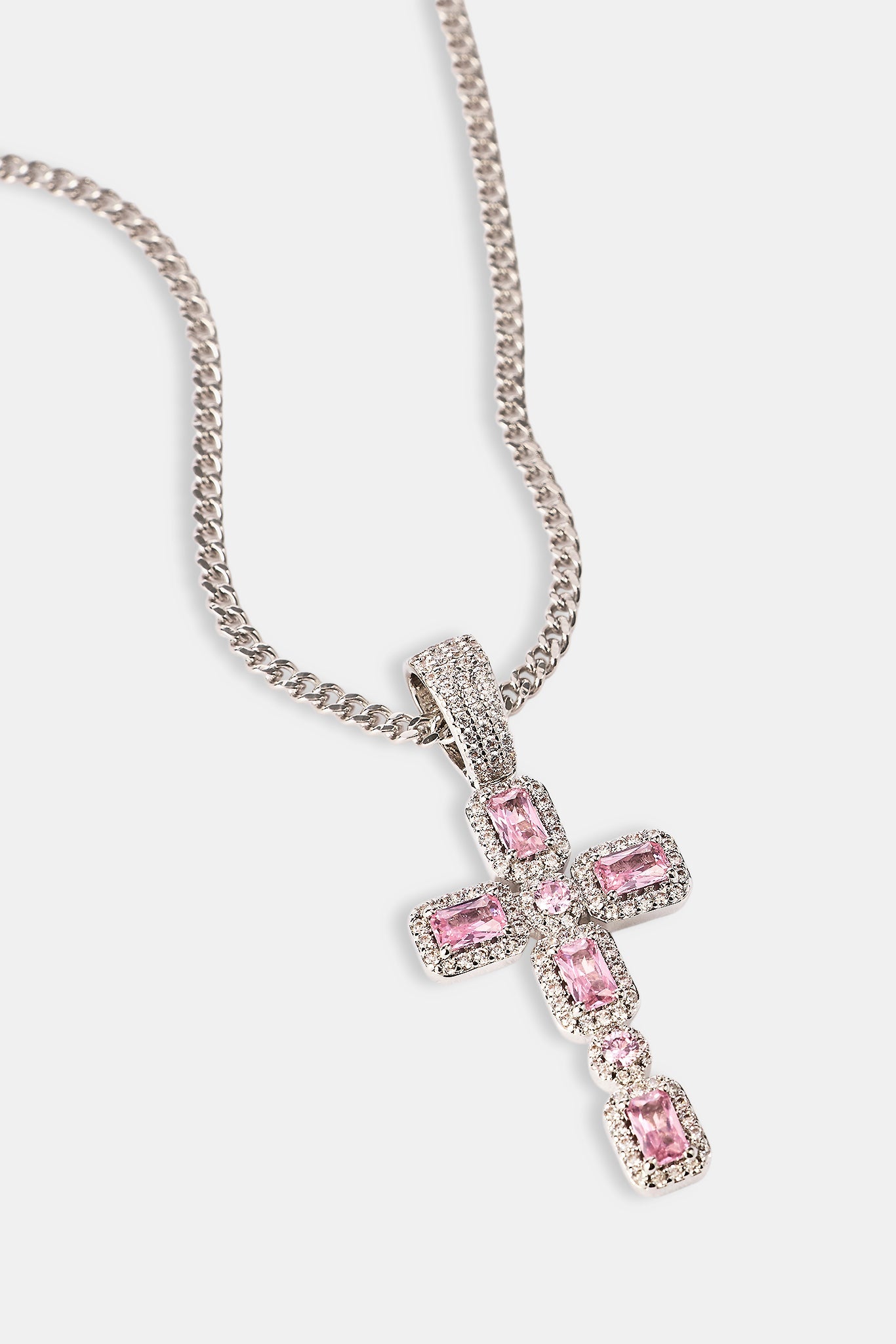 Iced Pink Gemstone Cross Cuban Necklace - 40mm - White