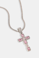 Iced Pink Gemstone Cross Cuban Necklace - 40mm - White