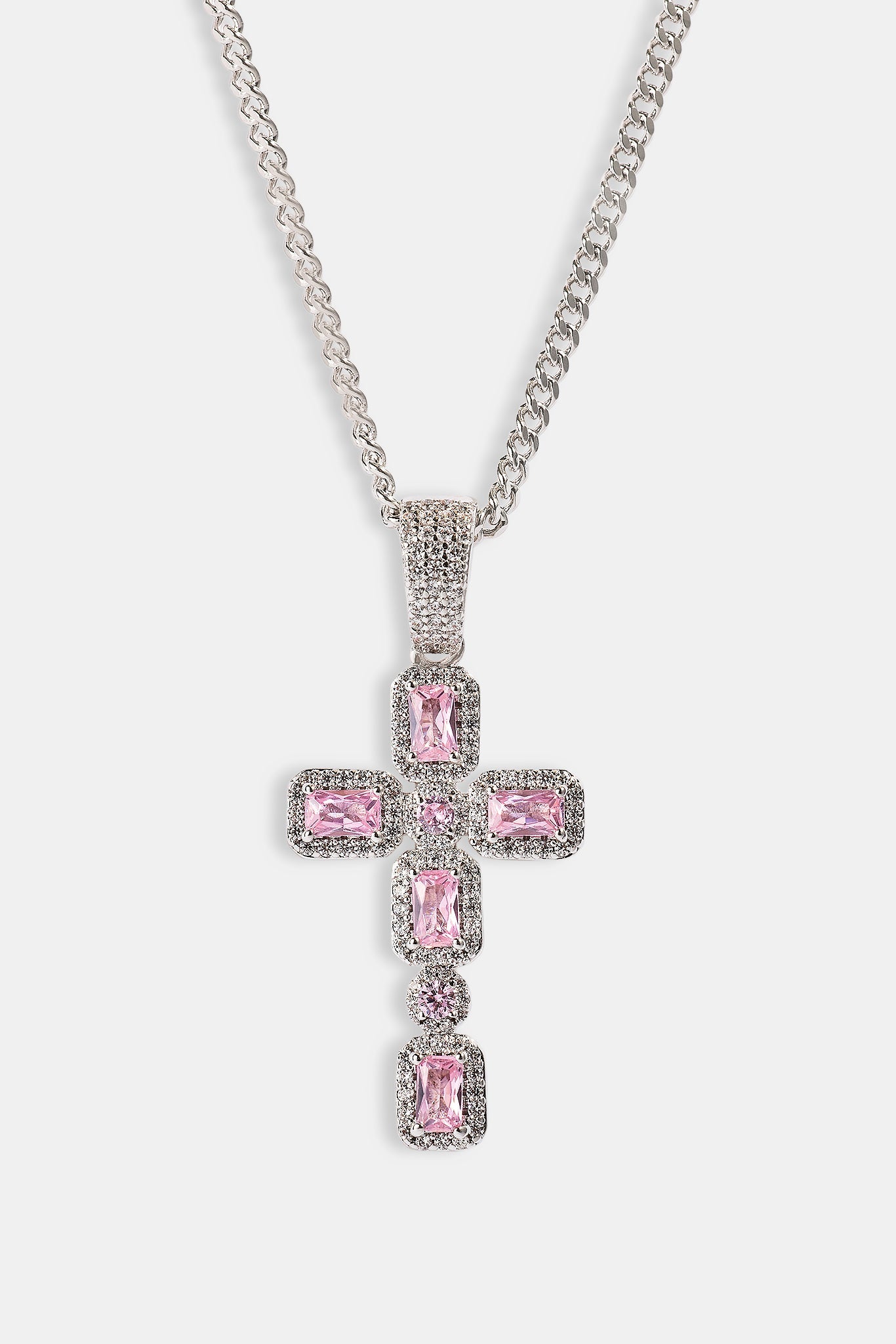 Iced Pink Gemstone Cross Cuban Necklace - 40mm - White