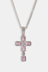 Iced Pink Gemstone Cross Cuban Necklace - 40mm - White