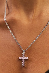Pink Iced Cross Necklace - 20mm - White