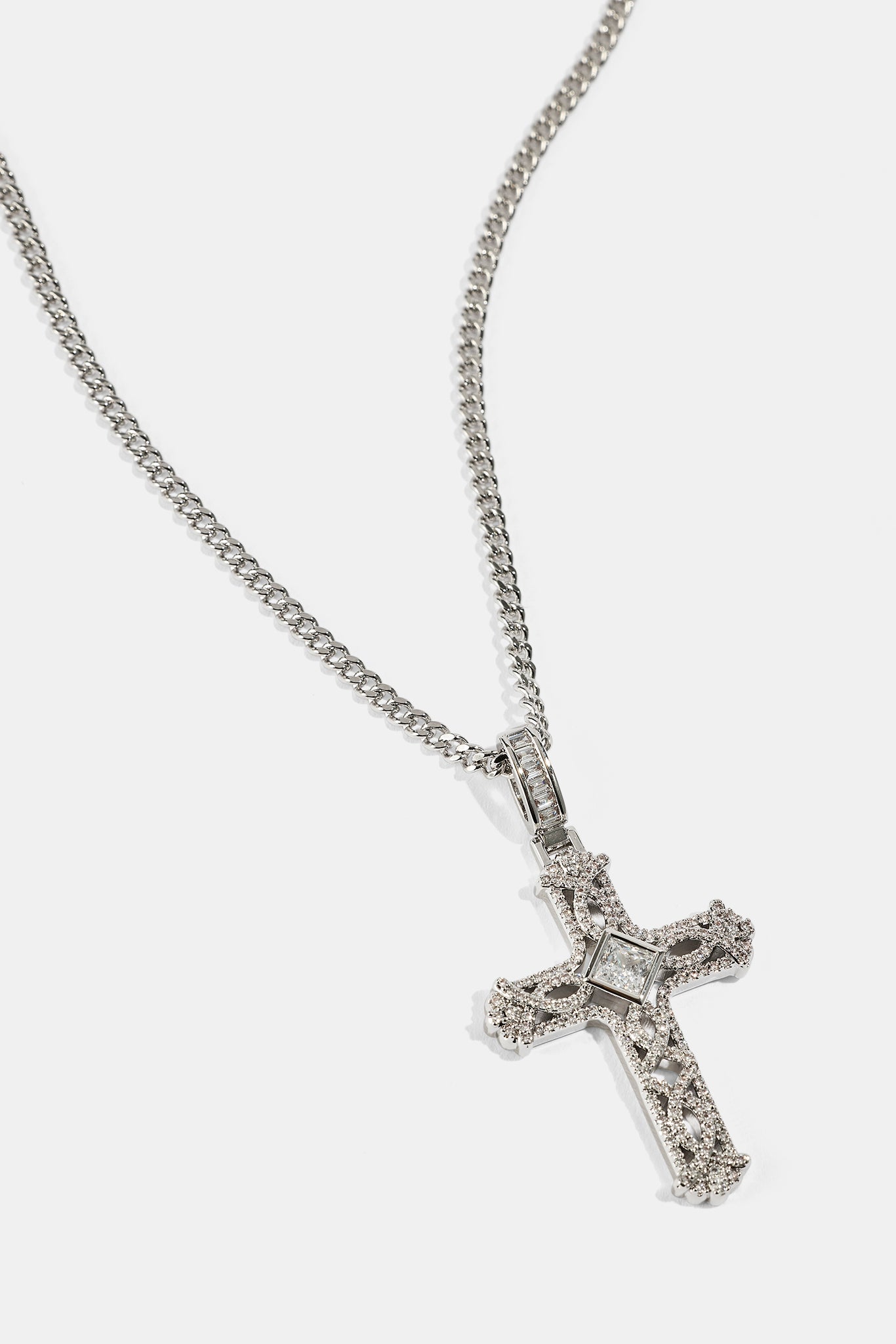 Centre Stone Cross Pendant Necklace - 25mm - White