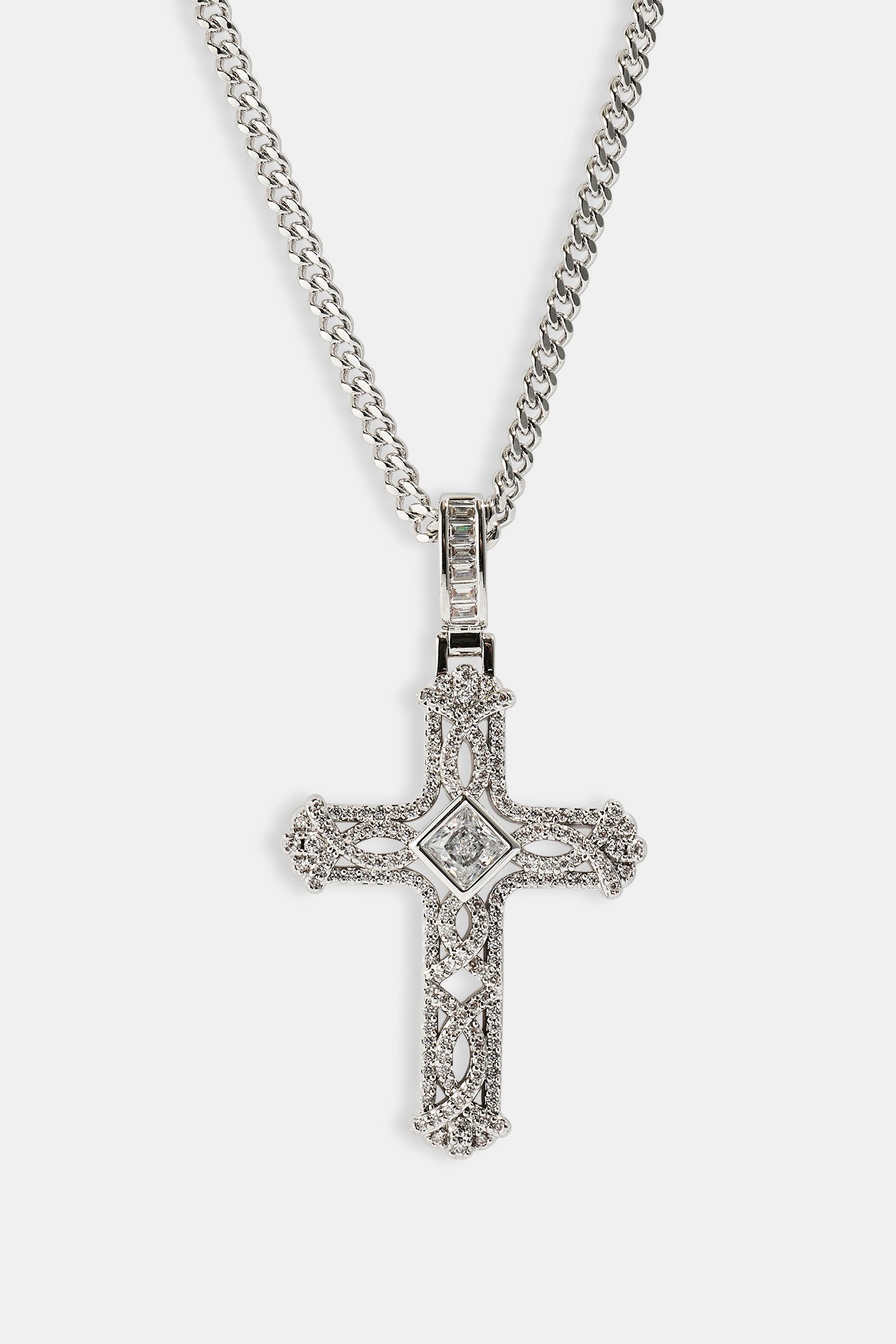 Centre Stone Cross Pendant Necklace - 25mm - White