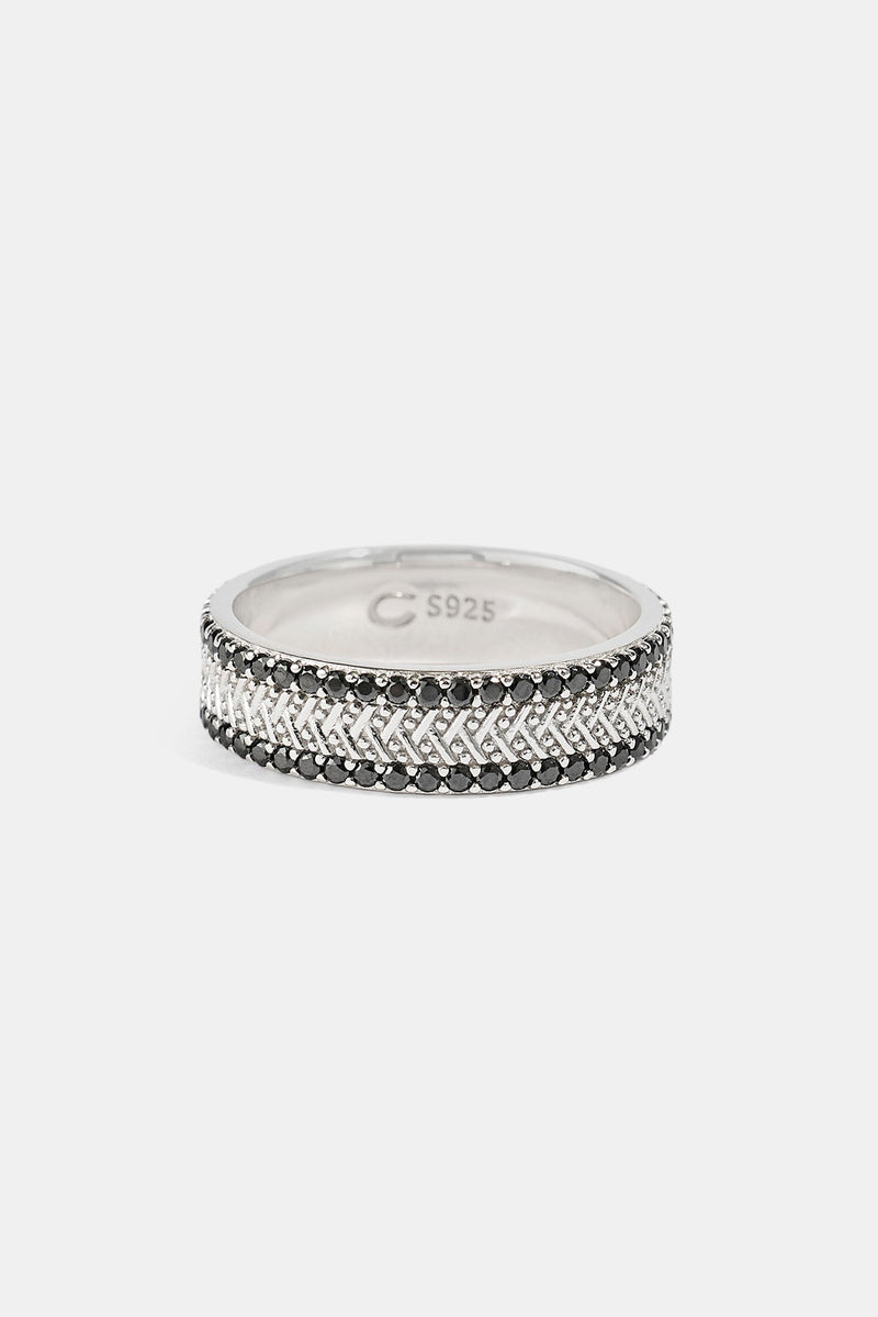 Textured & Black Iced Band Ring - 6mm - White Gold