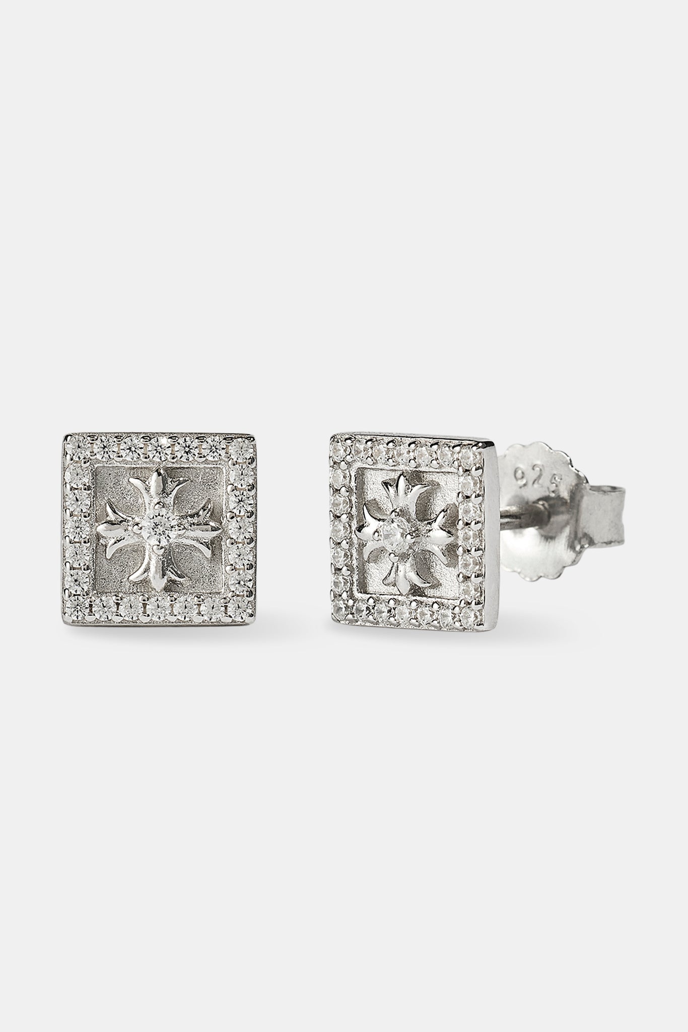 Iced Square Cross Stud Earrings - 8mm - White