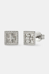 Iced Square Cross Stud Earrings - 8mm - White