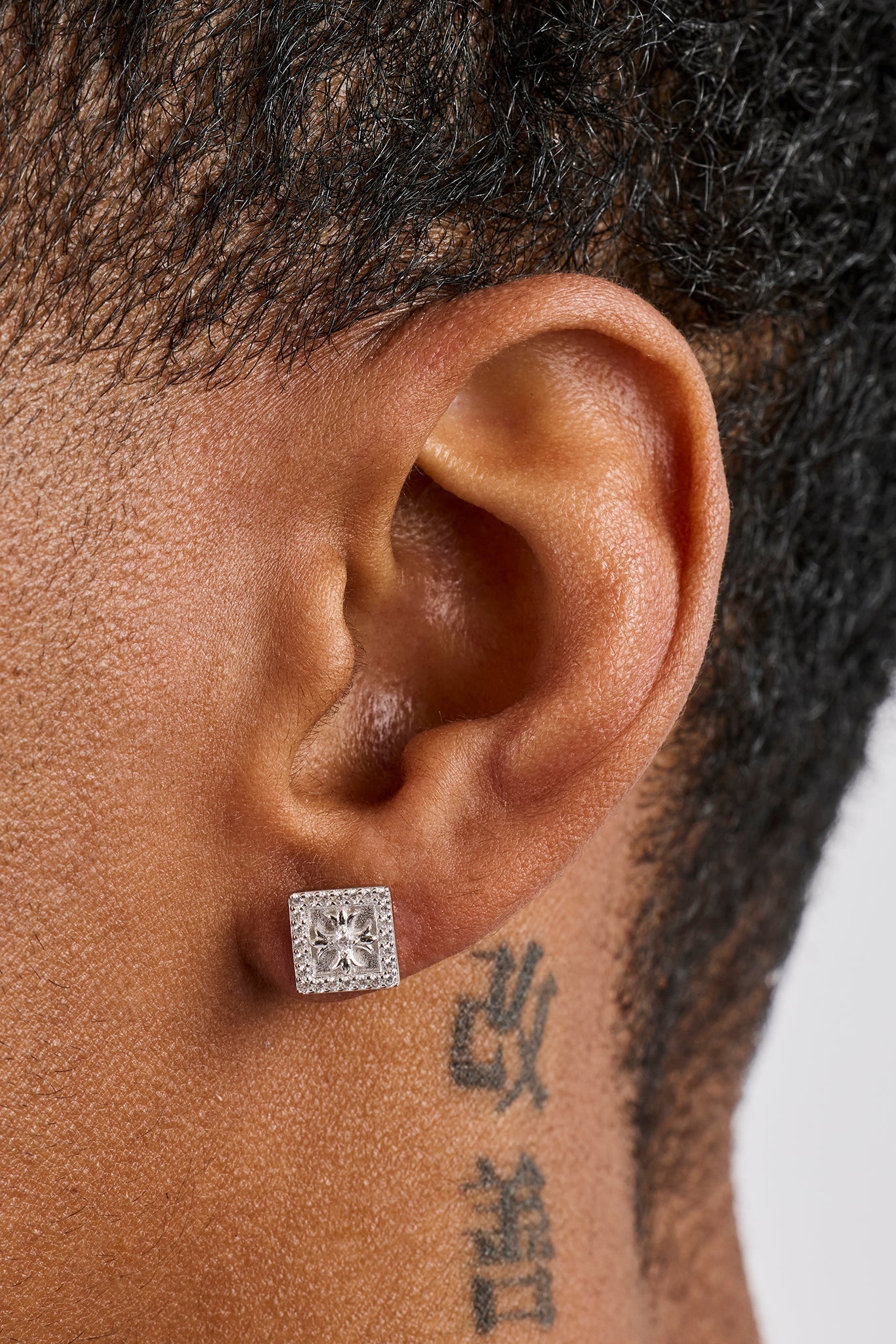 Iced Square Cross Stud Earrings - 8mm - White