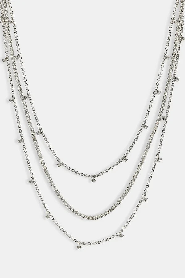 Triple Layer Iced Stone Bracelet & Chain - 5mm - White