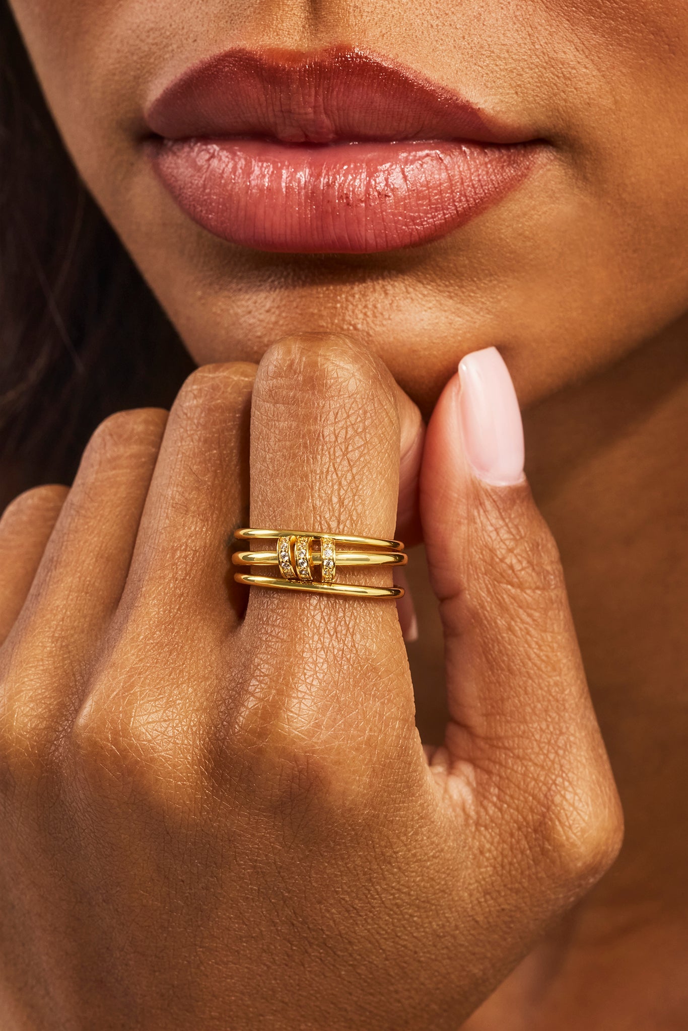 Triple Row Multi Link Polished & Iced Ring- 8mm - Gold