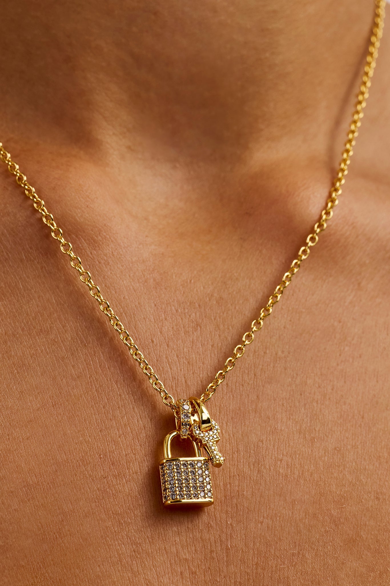 Iced Padlock & Key Necklace - 10mm - Gold