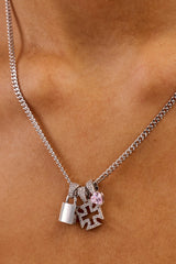 Triple Heart & Lock Pendant Necklace - 10mm - White