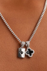 Black Motif & Gem Card Necklace - 10mm - White