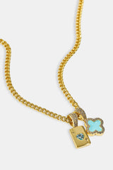 Baby Blue Motif & Gem Card Necklace - 10mm - Gold