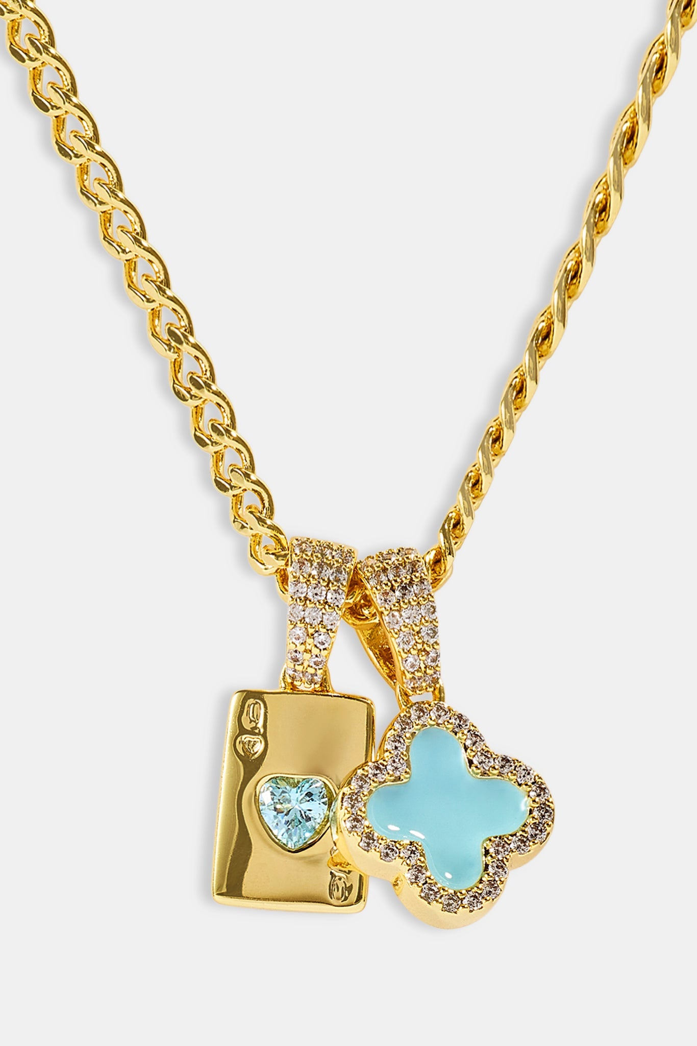 Baby Blue Motif & Gem Card Necklace - 10mm - Gold
