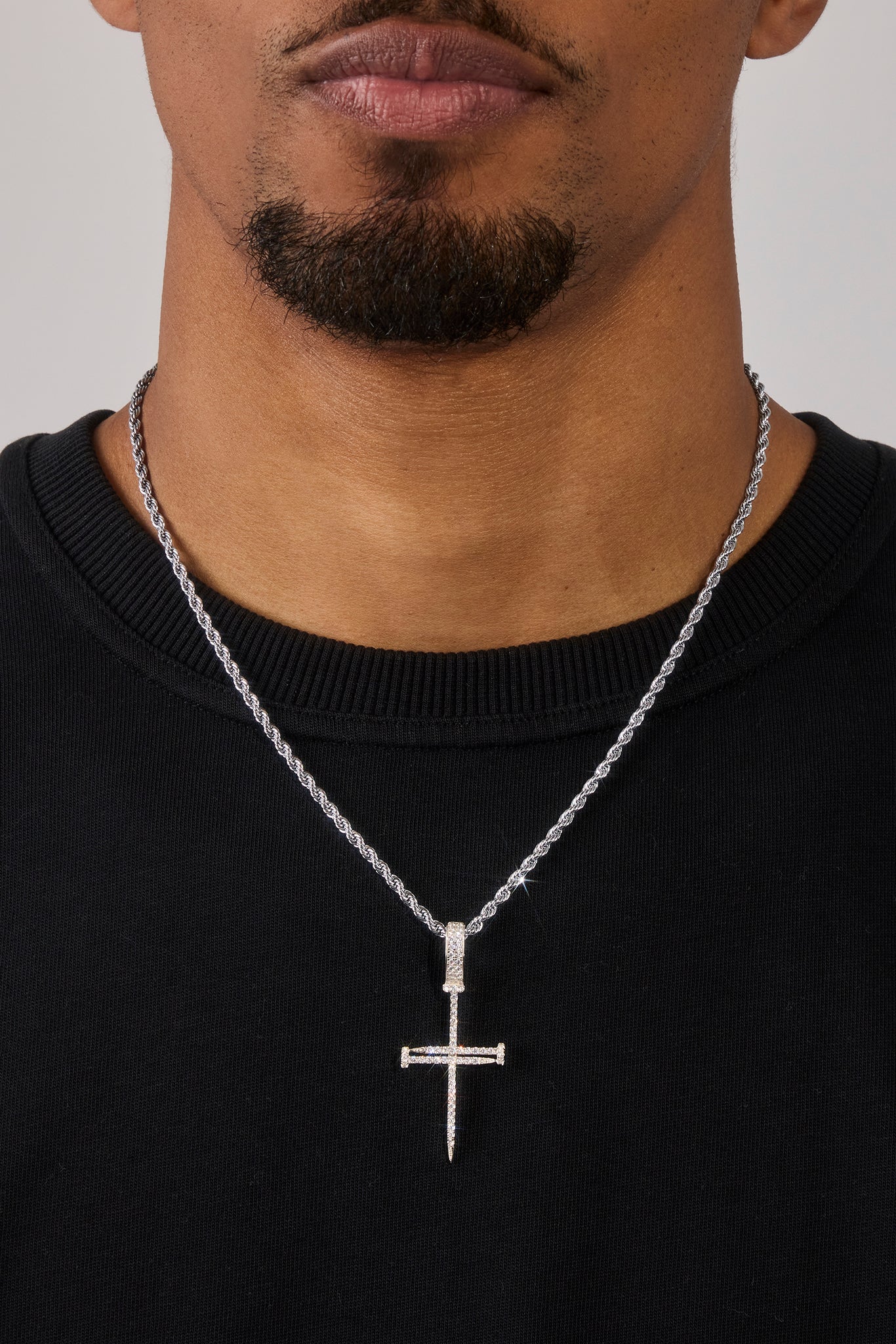 Iced Nail Cross Pendant Rope Necklace - 20mm - White