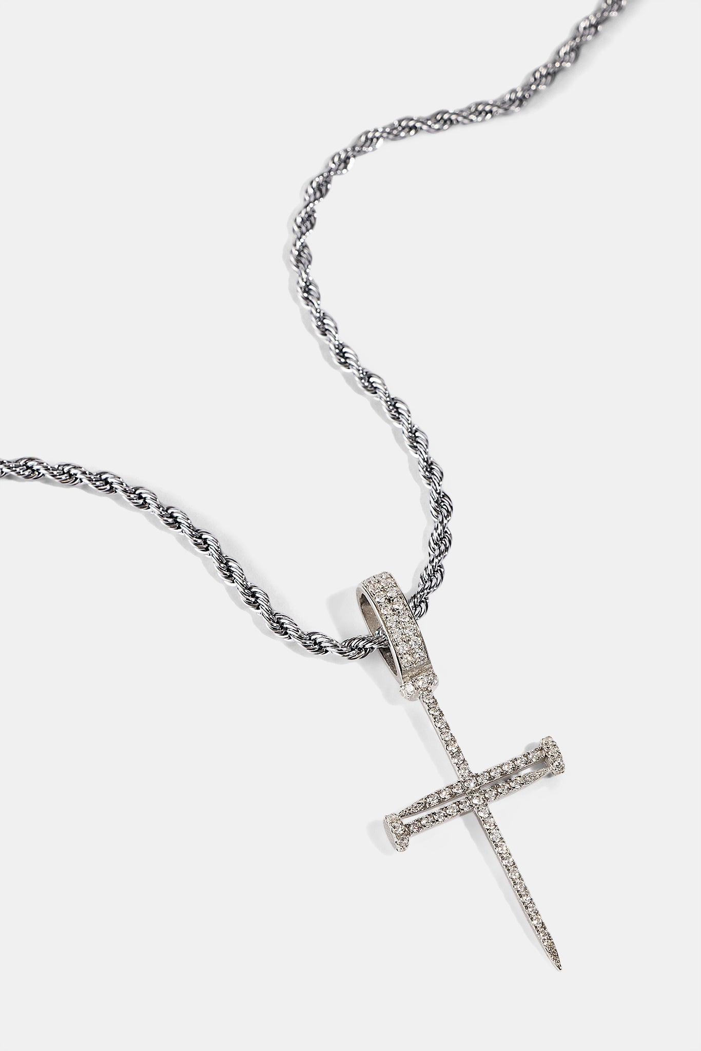 Iced Nail Cross Pendant Rope Necklace - 20mm - White