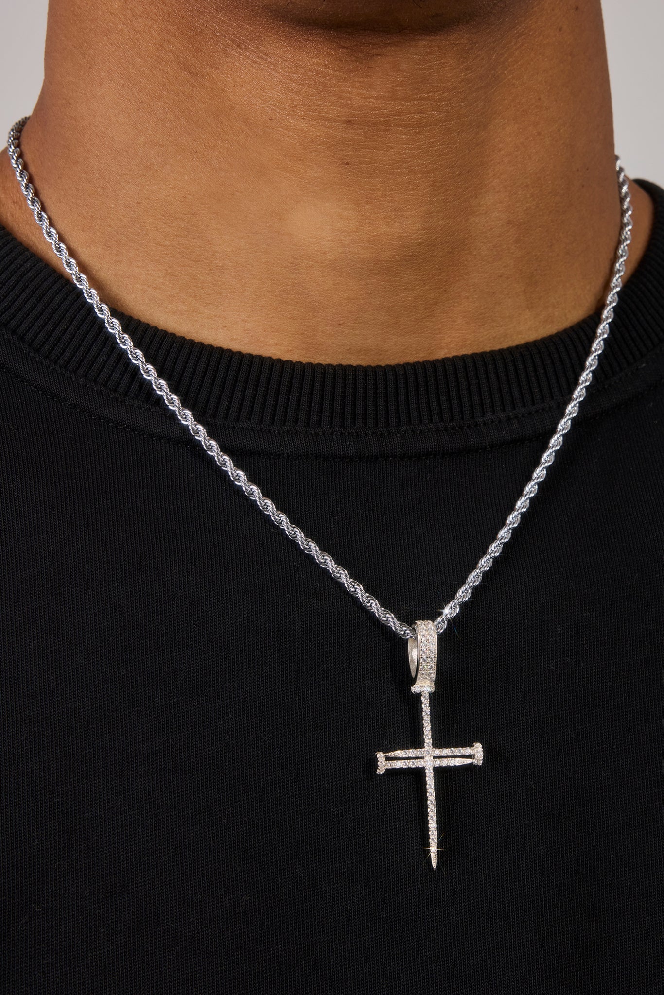 Iced Nail Cross Pendant Rope Necklace - 20mm - White