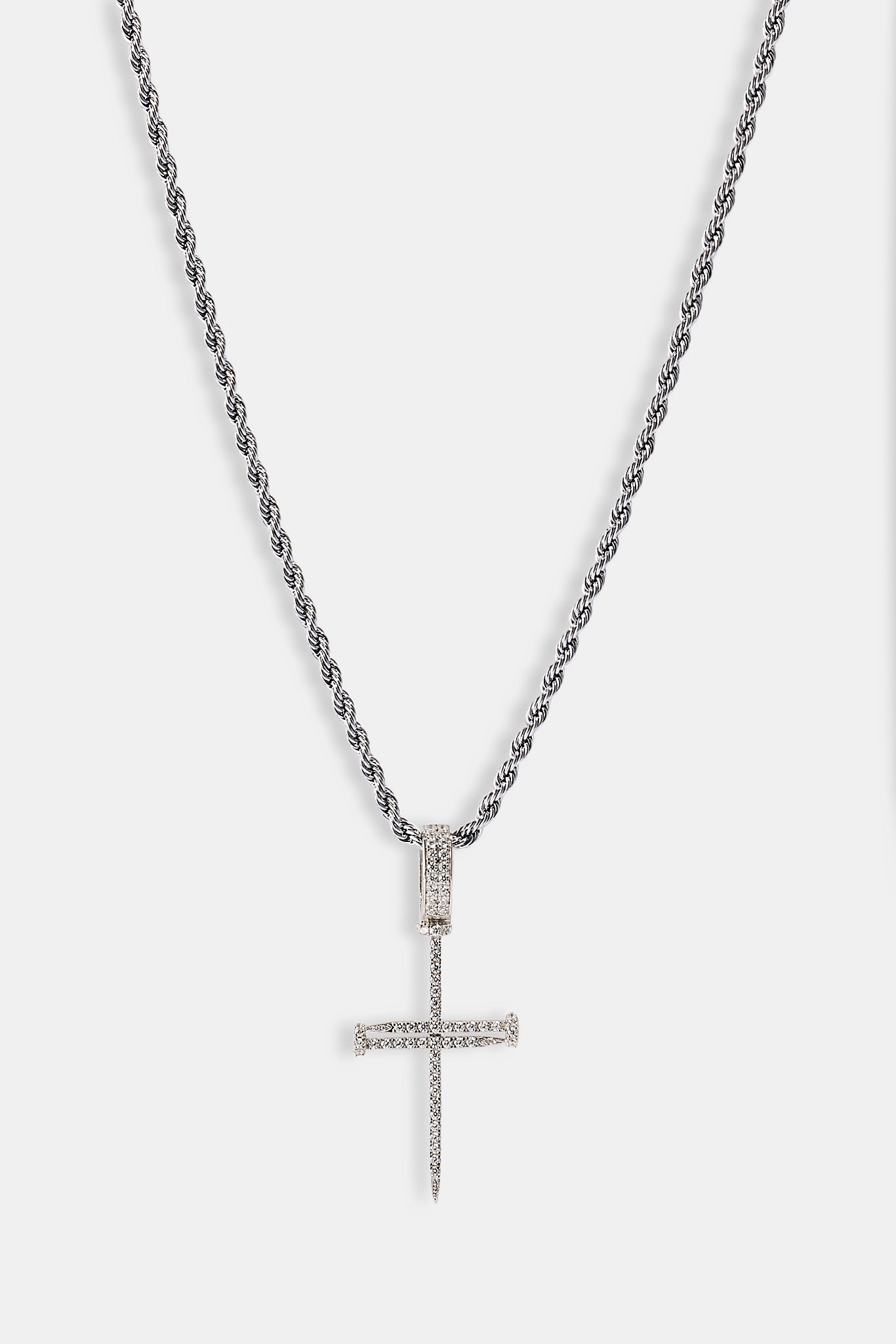 Iced Nail Cross Pendant Rope Necklace - 20mm - White