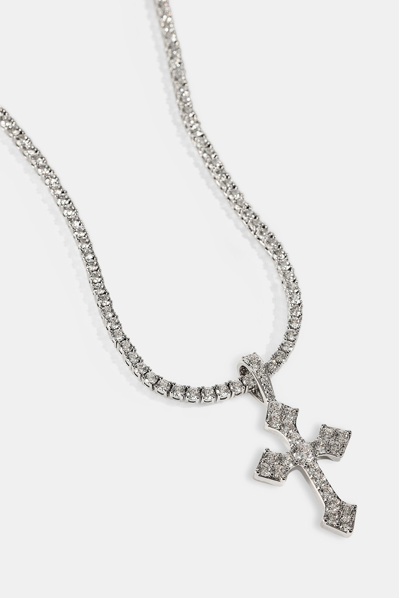 Iced Celtic Cross Pendant Tennis Necklace - 35mm - White