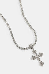 Iced Celtic Cross Pendant Tennis Necklace - 35mm - White