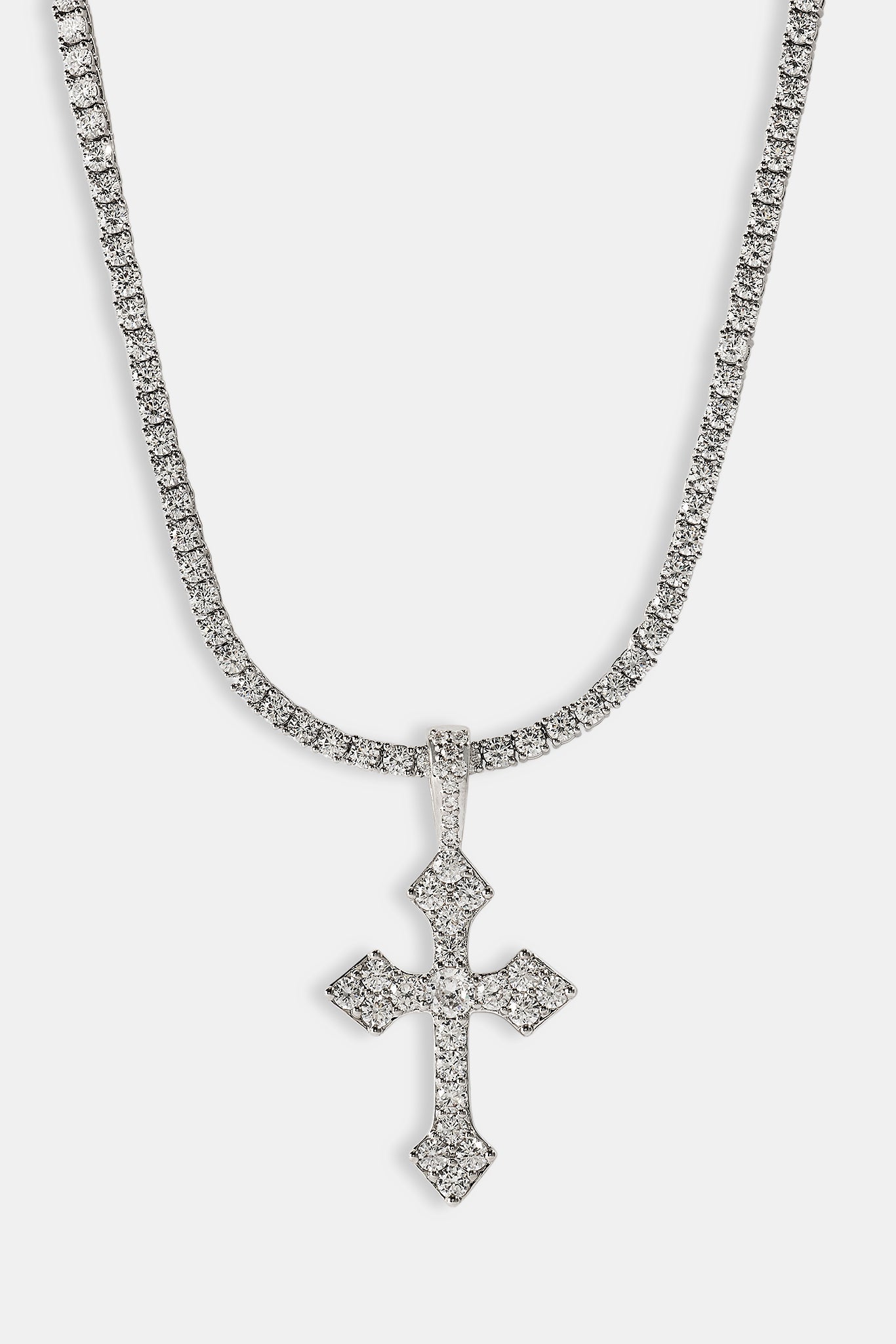 Iced Celtic Cross Pendant Tennis Necklace - 35mm - White